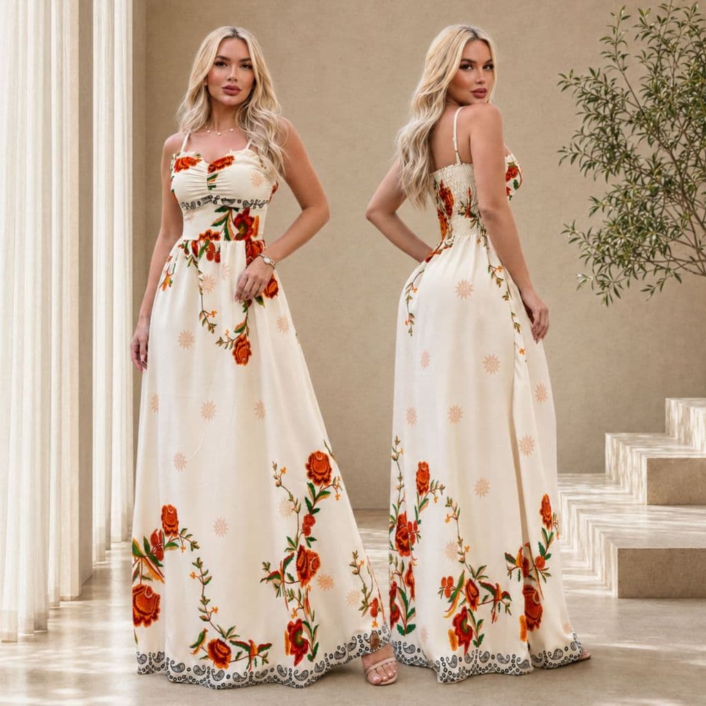 Vestido Longo Feminino Estampado Alça Regulável Costas Franzidas Boho Chic Casual Verão