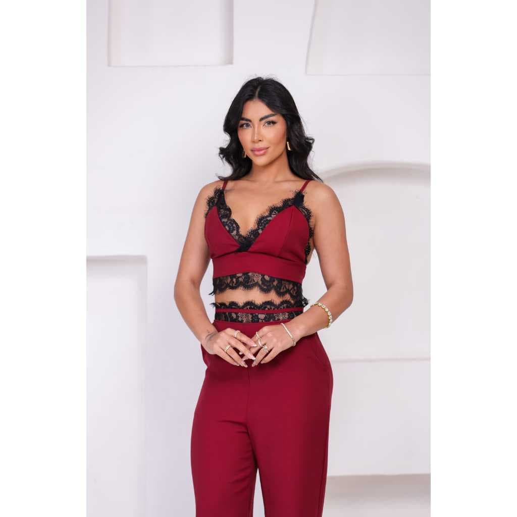 Conjunto feminino sensorial marrant calça pantalona com top com renda delicada
