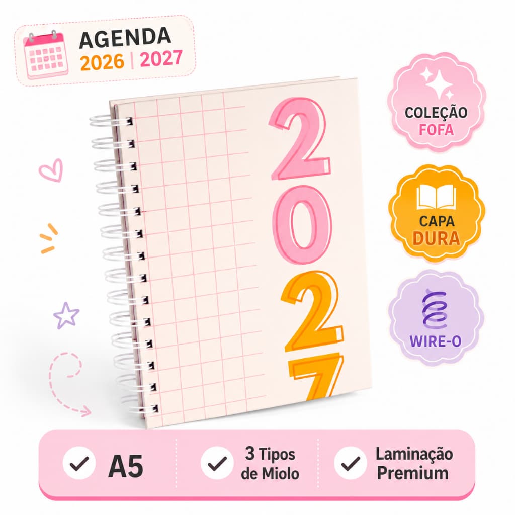 Agenda 2026 ou 2027 A5 Capa Dura Wire-O Organizador Diário Semanal Coleção Fofa