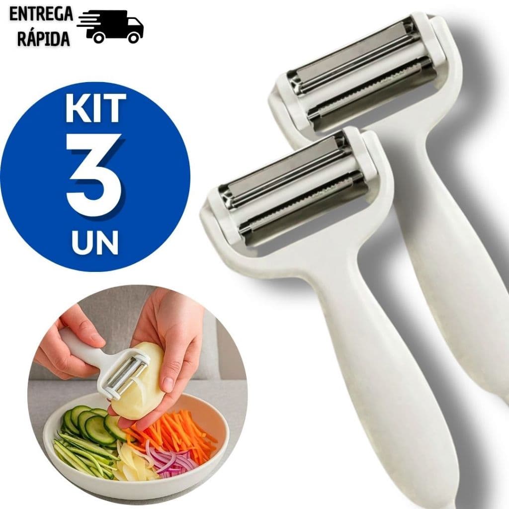 Combo 3 Descascador Fatiador De Frutas Legumes Multifuncional 3 em 1 com Lâminas Inox Cozinha Buffet Rápido e Atacado