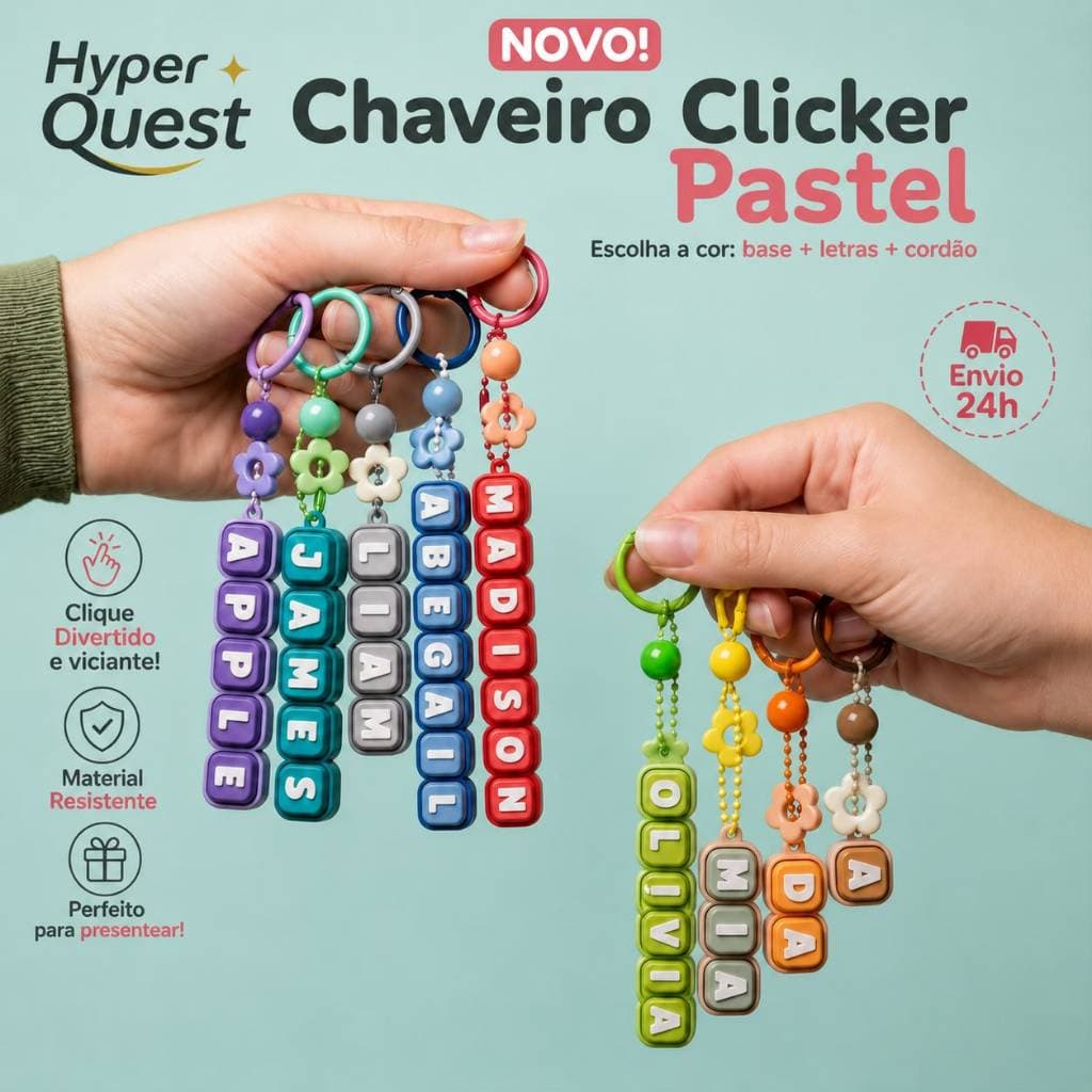 Chaveiro Personalizado com Nome Clicker Clicável Sensorial Antiestresse para Mochila Presente e Lembrancinha