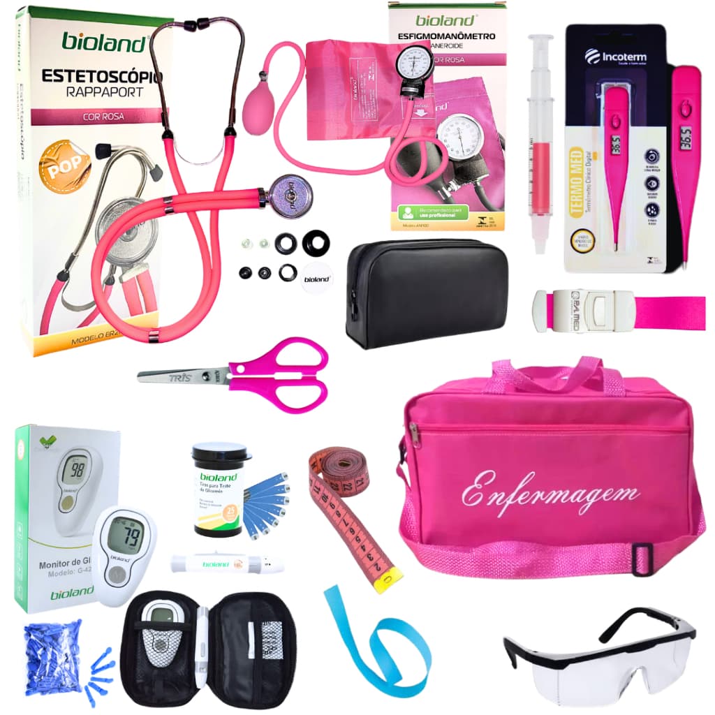 Super Kit de Enfermagem + Aparelho de Pressão + Estetoscópio + Gliosímetro 11 Itens