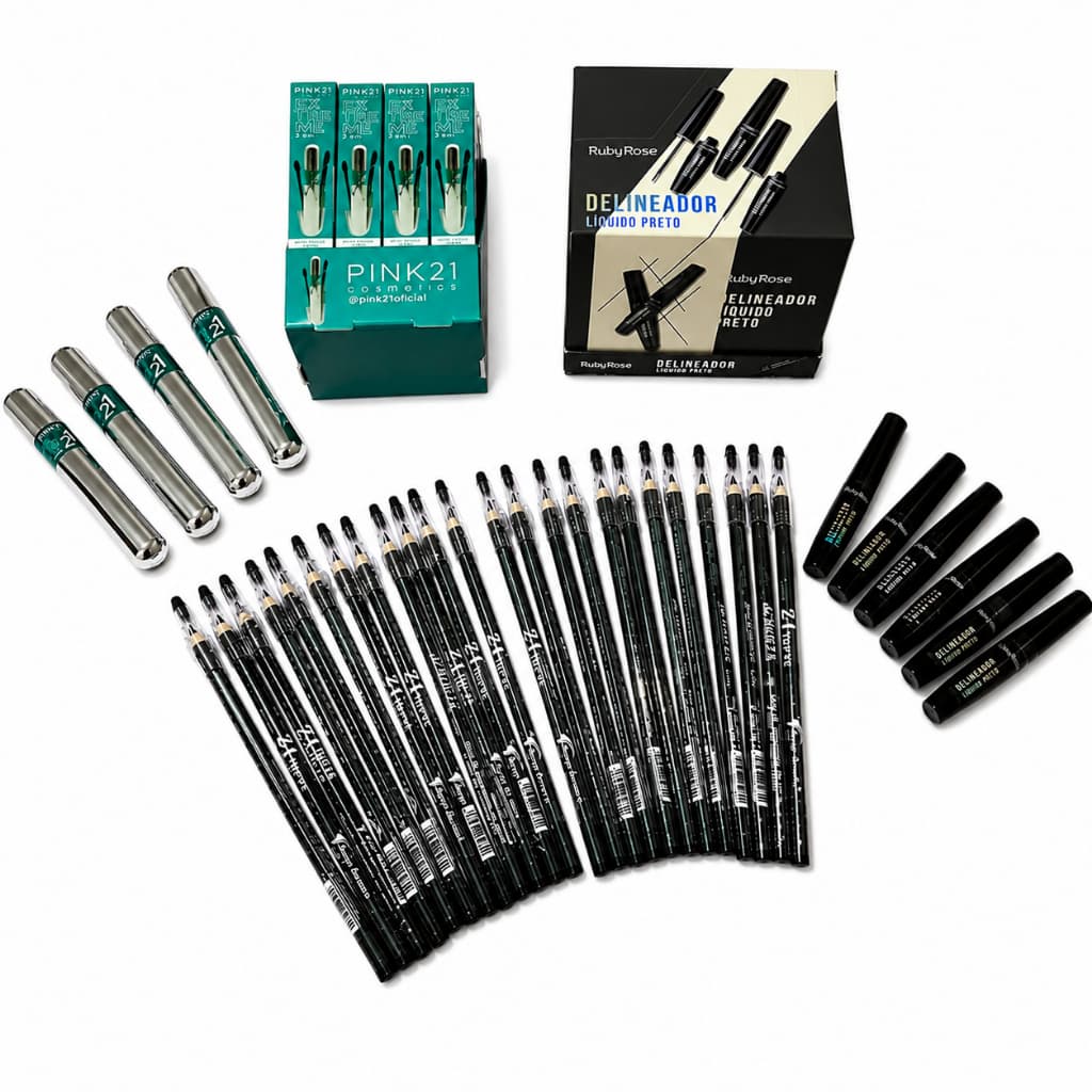 Kit Delineador Líquido Ruby Rose Lápis Preto Olhos Máscara de Cílios Rímel Pink 21
