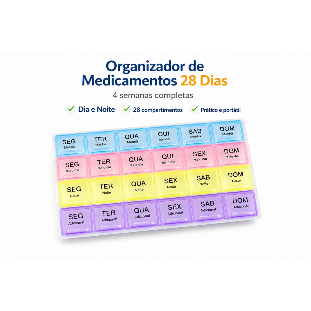Porta Comprimidos Semanal Mensal 28 Dias Organizador Remédios Medicamentos Manhã Tarde Noite