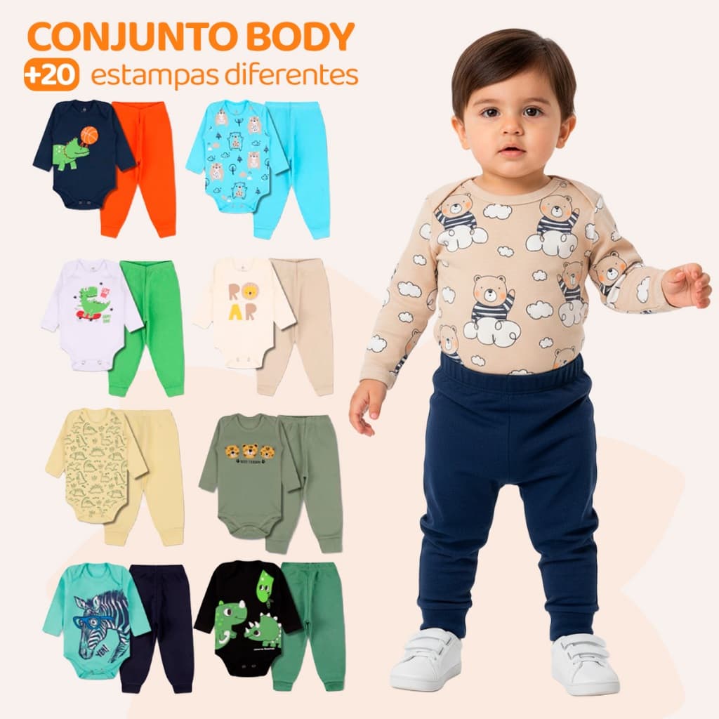 Kit 4 Peças de Roupas para Bebê Menino (2 Body Longo + 2 Calça Mijão) Kit 2 Body Roupa Infantil Bebê