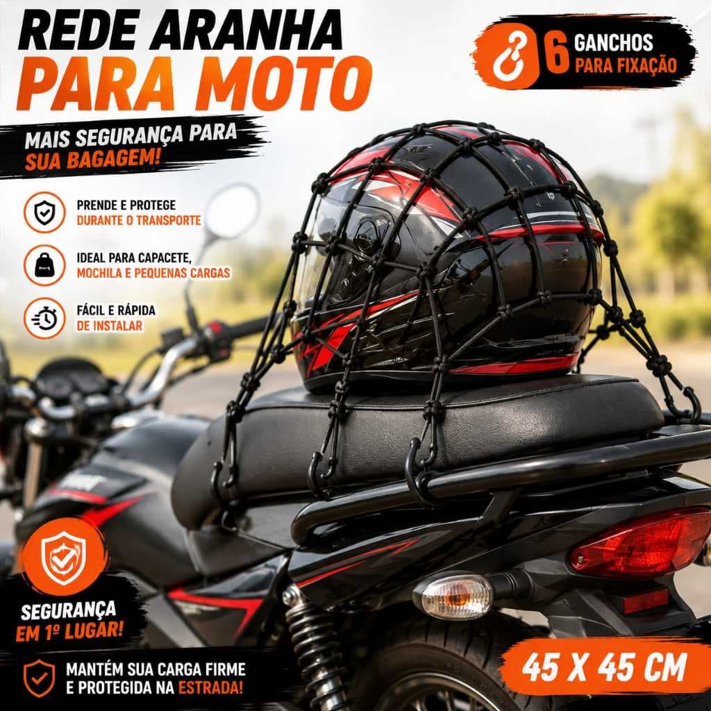 Rede Aranha Elástica para Moto / Bicicleta 45X45 6 Ganchos Bagagem Capacete Carga