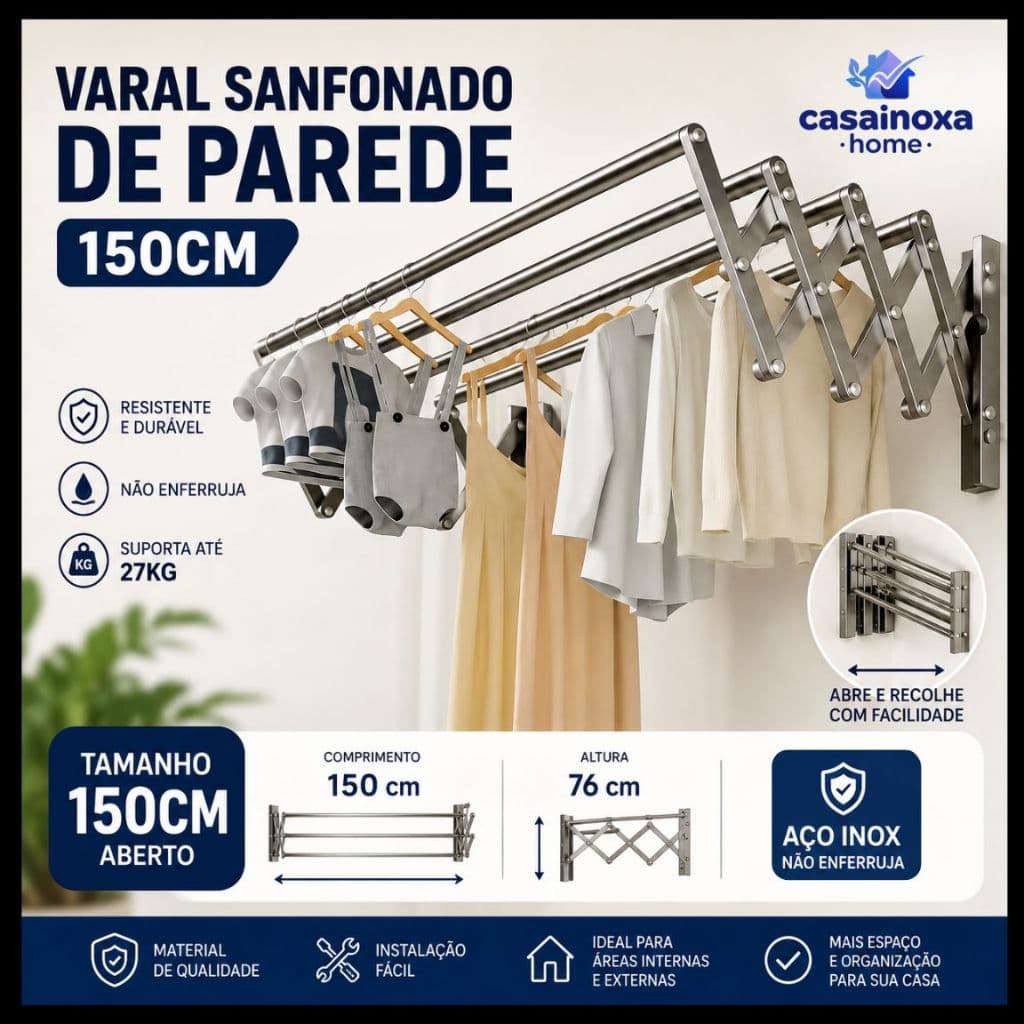 Varal Sanfonado de Parede 150cm em Aço Inox Retrátil Resistente Não Enferruja