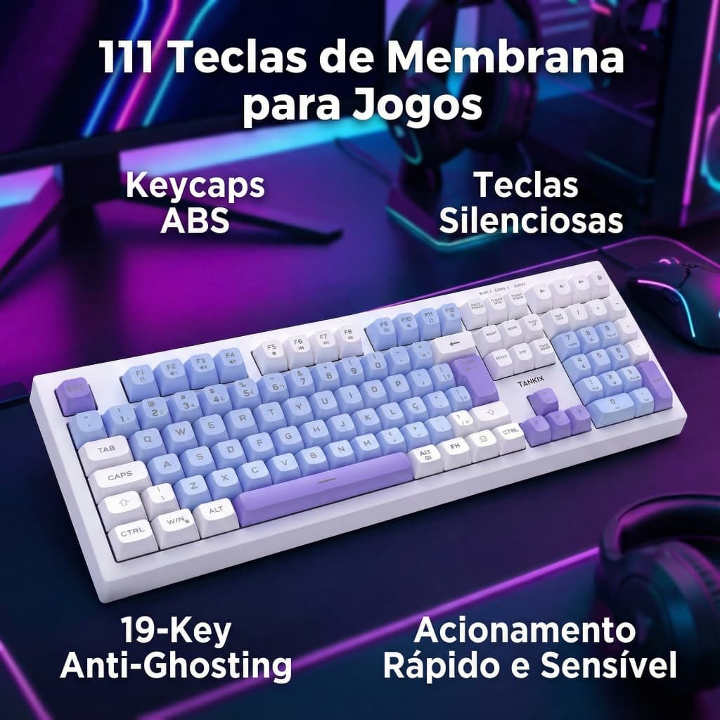 Teclado Silencioso Português Brasil 111 Teclas, Cabo Type-C Removível, Backlight Iluminado para Gamer e Escritório