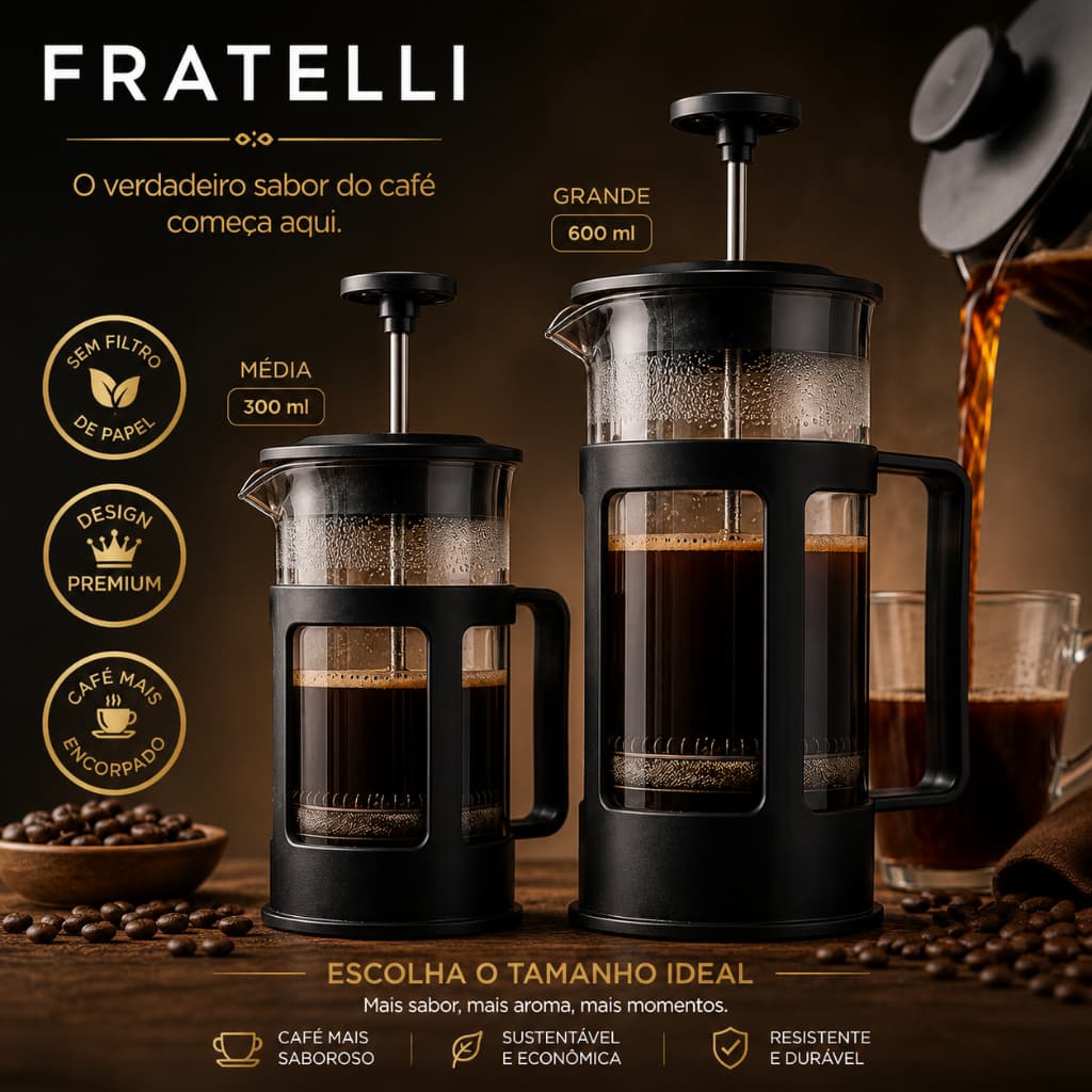 Cafeteira Francesa Fratelli 300ml e 600ml Prensa Francesa Café Sem Filtro de Papel Vidro Resistente
