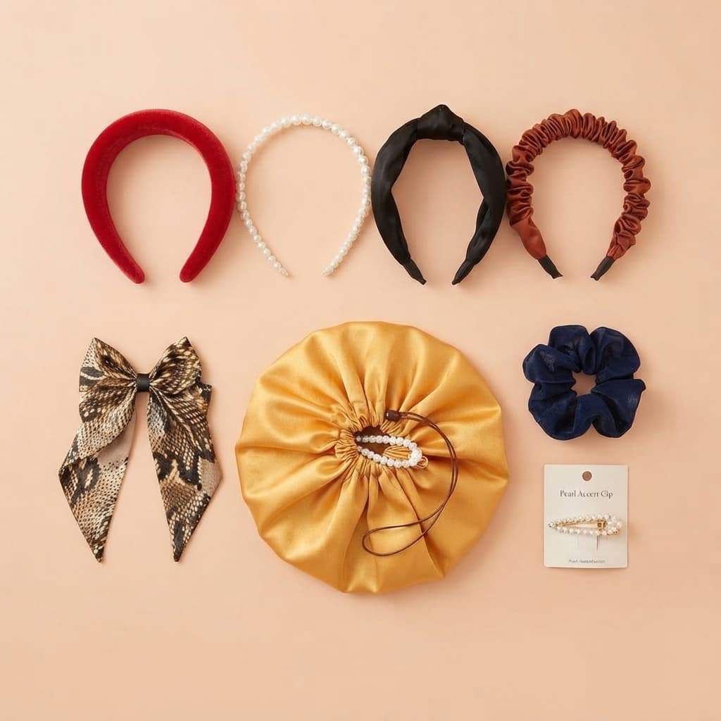 Kit Acessórios de Cabelo Feminino 8 Peças – Tiaras, Touca de Cetim, Laço Grande, Xuxinha e Presilha