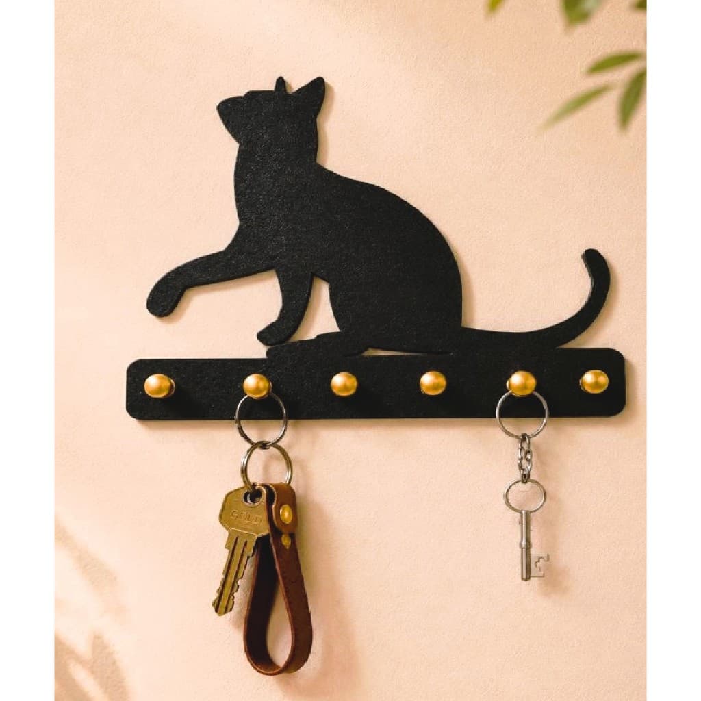Porta-Chaves Gato Brincando MDF Preto 20x18cm 6 Ganchos