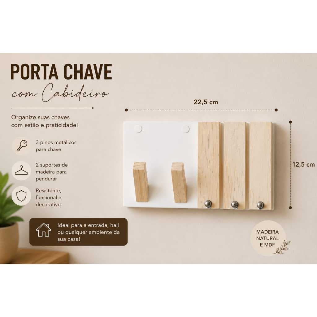 Porta Chaves com Cabideiro em MDF e Pinus | 3 Ganchos Metálicos + 2 Suportes de Madeira