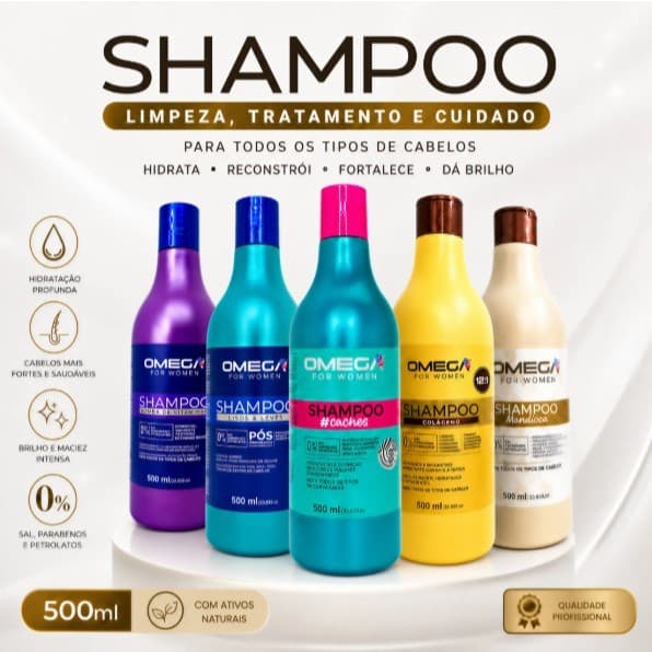 Shampoo Limpeza e Tratamento Hidratante Reconstrutor e Fortalecedor 500ml Omega Hair