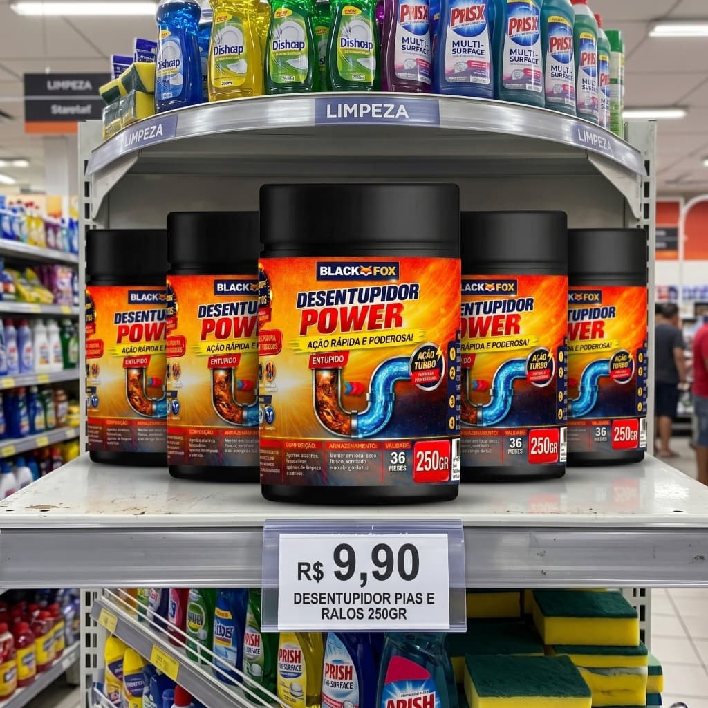 Desentupidor Power Black Fox Desentope Pia Banheiro Cozinha Ralo Cano com Ação Turbo