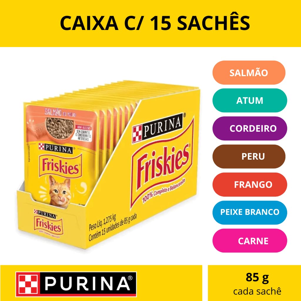 Sachê Friskies Purina Ração Úmida para Gatos Adultos Caixa com 15 sachês de 85g cada