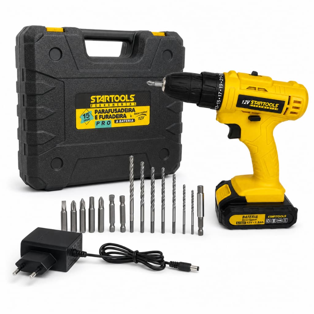 PARAFUSADEIRA E FURADEIRA RECARREGAVEL 12V STARTOOLS COM 15 PEÇAS COM LED E APERTO RAPIDO COM REGULAGEM