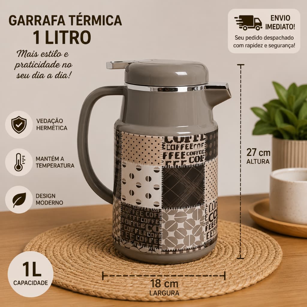 Garrafa Termica 1 Litro, 27cm x 18cm, Grande com Vedação hermetica