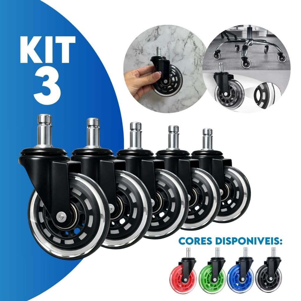 Kit 3 Rodinha Rodízio Cadeira Escritório 75mm Pu Antirisco