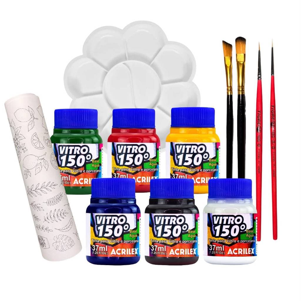 Kit para Pintura em Taça Vidro Porcelana + 6 Tintas Vitro 150 Acrilex + 4 Pincéis + 1 Godê + Moldes
