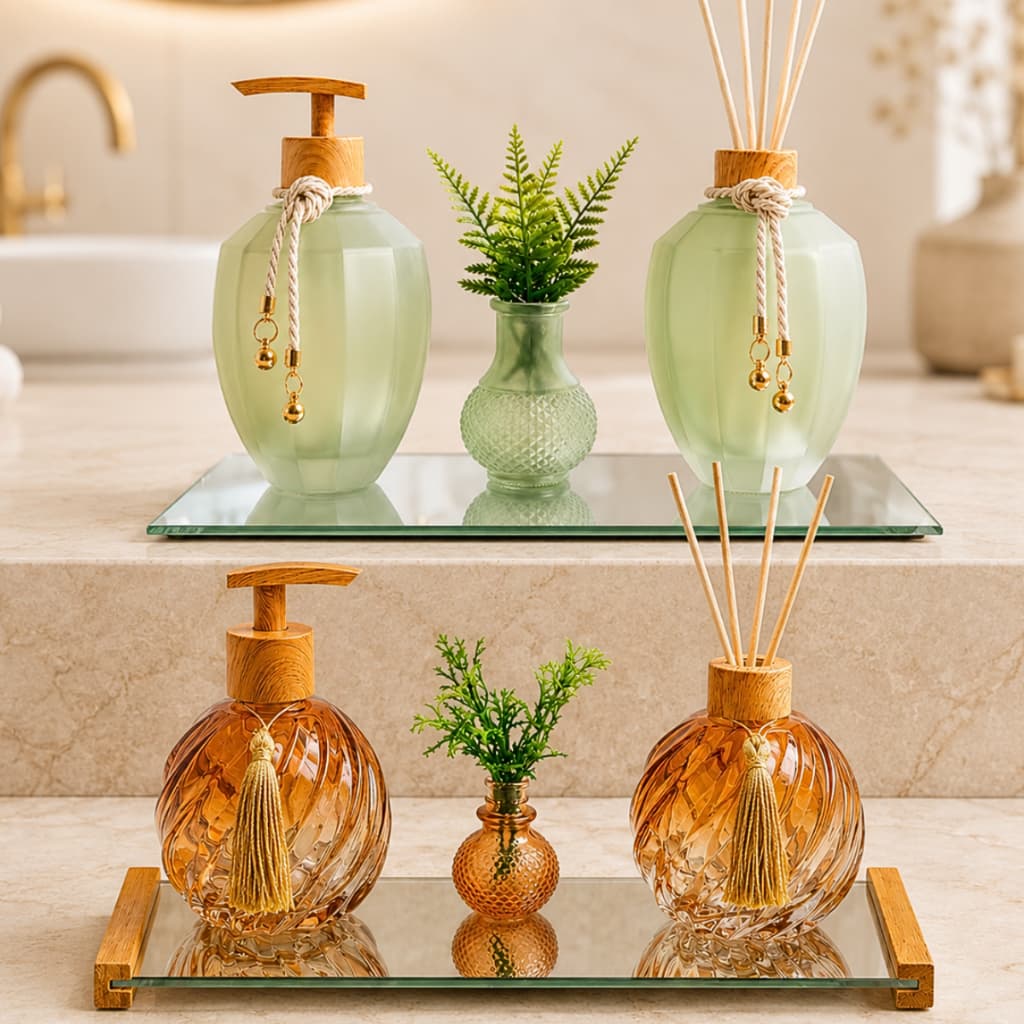 Kit Lavabo Âmbar Verde Vidro e Bambu Com Bandeja Saboneteira Difusor Aromatizador Luxo