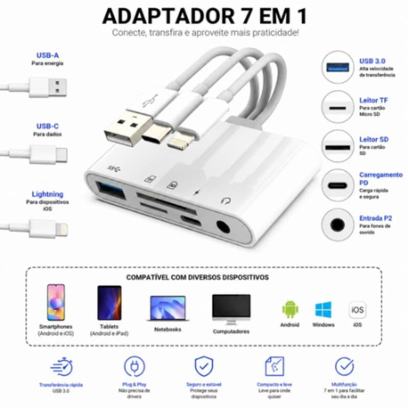 Hub USB 7 em 1 OTG USB 3.0 Tipo C Lightning Leitor SD TF P2 Adaptador Multifuncional para iPhone Android Notebook PC
