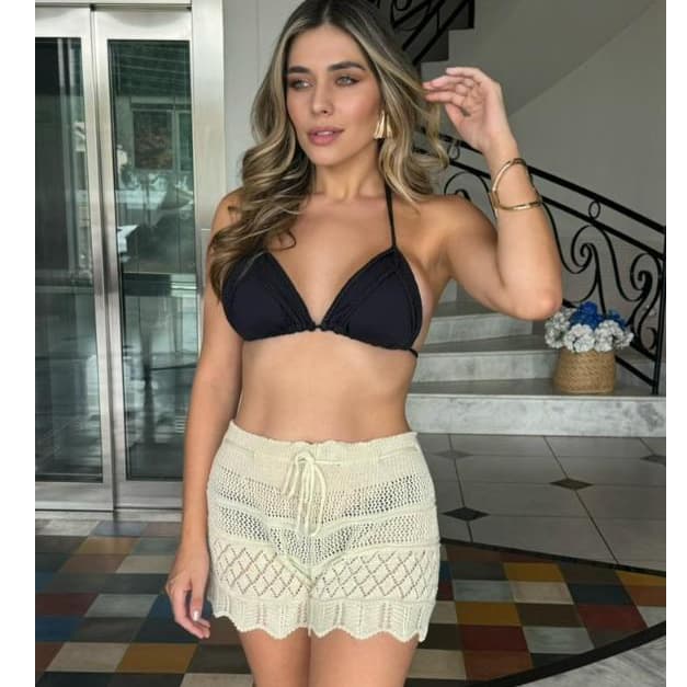 SHORT feminino saída de praia FEMININO TRICOT CROCHE RENDADO COM AJUSTE CORDÃO SAIA MODA PRAIA PISCINA VERÃO PREMIUM
