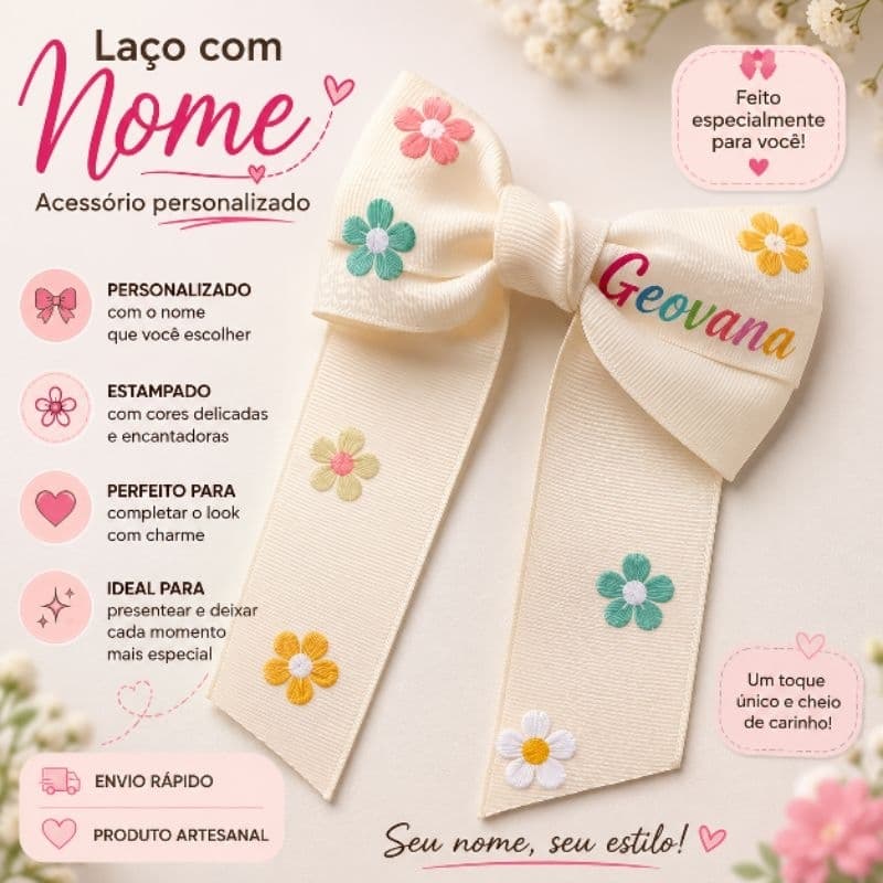 Laço infantil com nome, presilha personalizada com nome, laço bege, com nome da princesa