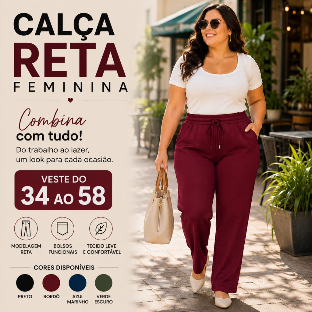 Calça Feminina Reta de Malha Cintura Alta Bolso Confortável Despojada Tamanho 34 ao 58