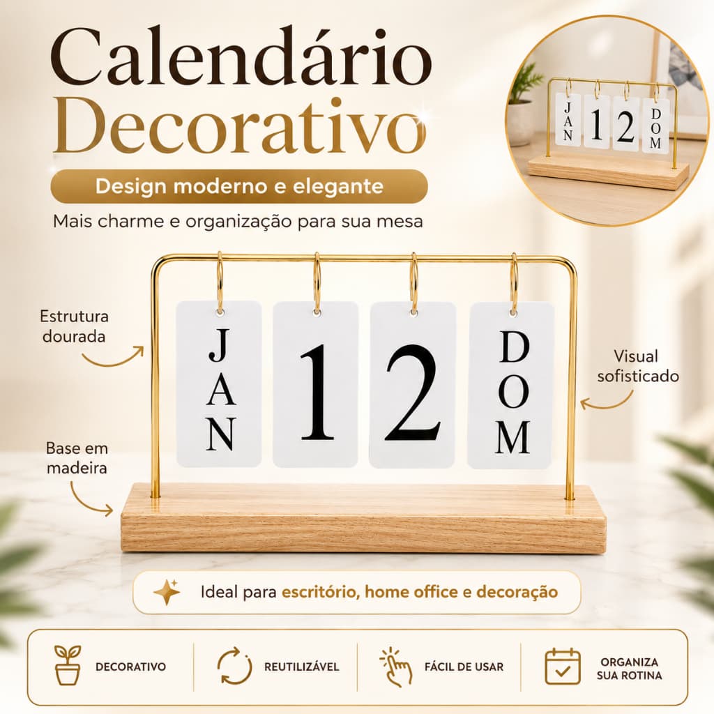 Calendário Decorativo de Mesa com Plaquinhas | Calendário Permanente Reutilizável para Escritório, Sala e Quarto