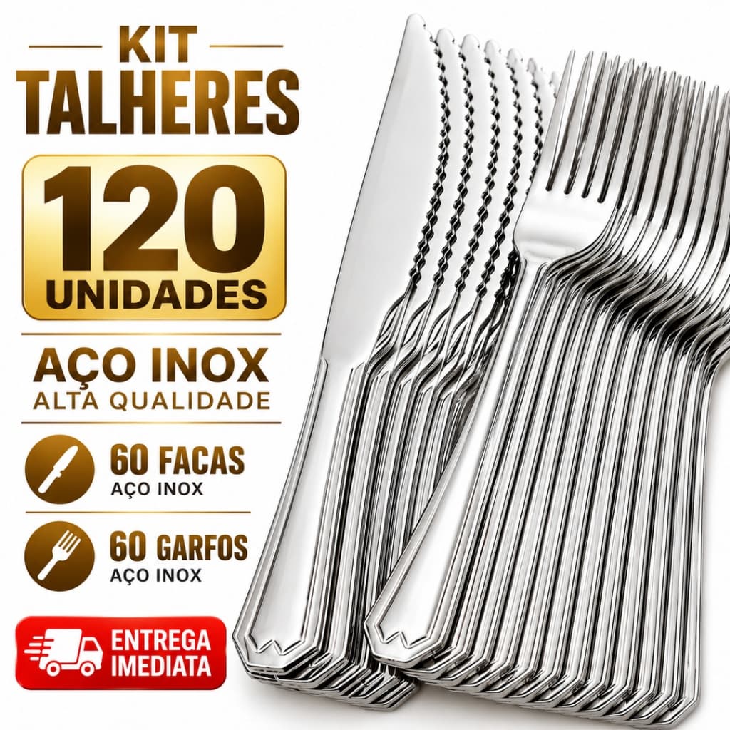 Kit 120 Peças Talheres de Mesa 60 Garfos + 60 Facas Faqueiro Inox Restaurante Buffet Hotel Garfo Faca