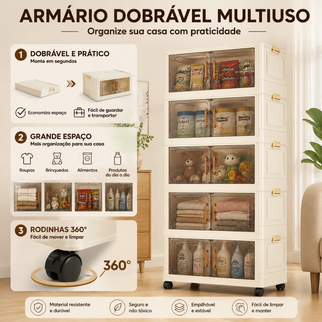 Armário Organizador Multiuso Dobrável Com Portas Magnéticas Rodas 360° e Grande Capacidade