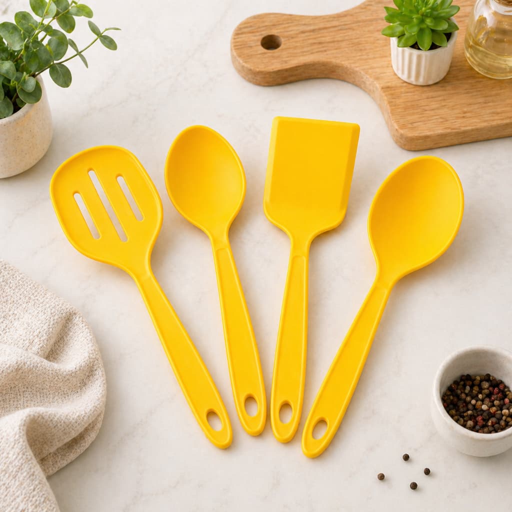 Kit 4 Utensílios de Cozinha 30cm Amarelo Talher Espátula Concha Colher Escumadeira Completo Para Mesa Posta