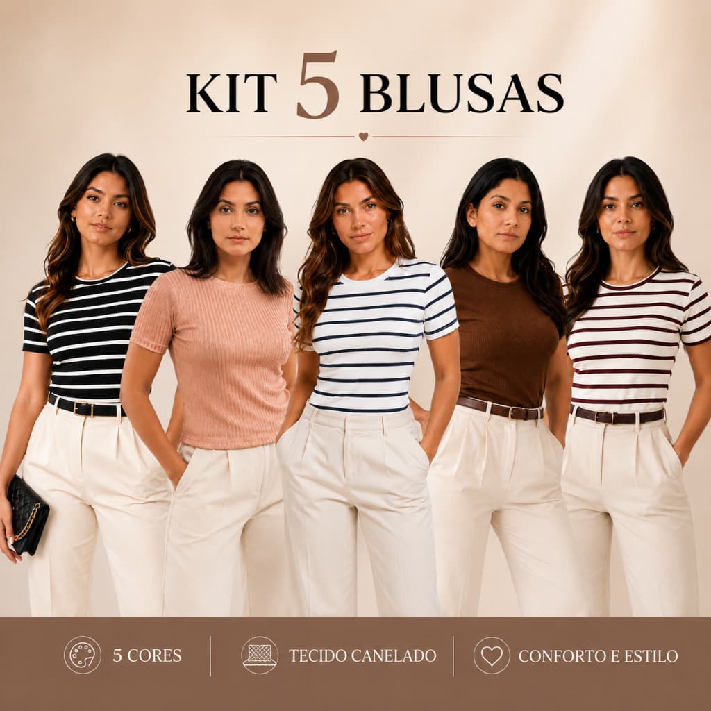 Kit 5 Blusas Femininas  Manga Curta Básica Casual Lisa Gola Redonda Confortável Moda