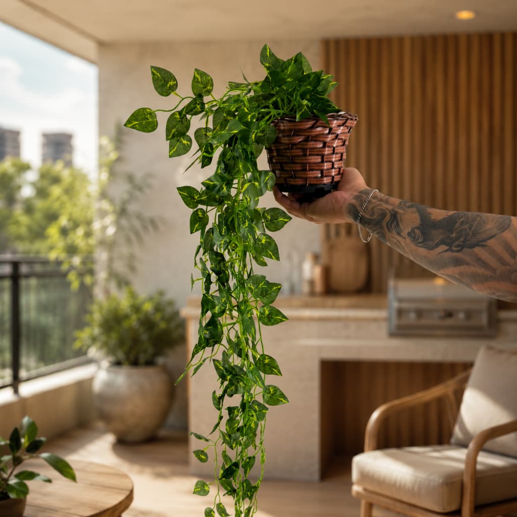 Kit Planta Decorativa: Vaso Trançado Marrom + Pendente Artificial Folhas De Jiboia