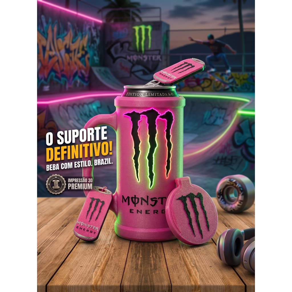 Caneca Porta Lata Energético com Tampa + Abridor Integrado – Estilo Monster, Copo térmico com tampa