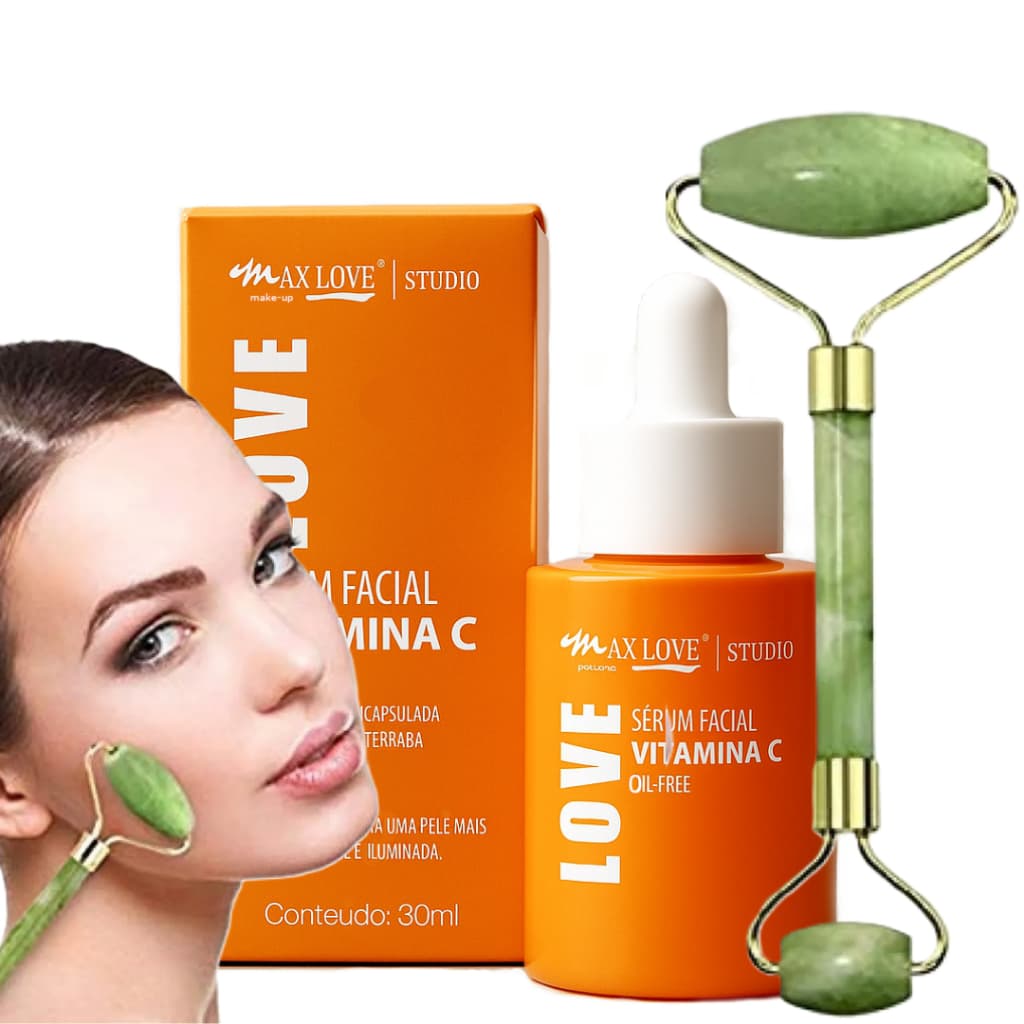 Sérum Vitamina C Kit Com Rolo de Jade Massageador Original Profissional Para Usar em Casa