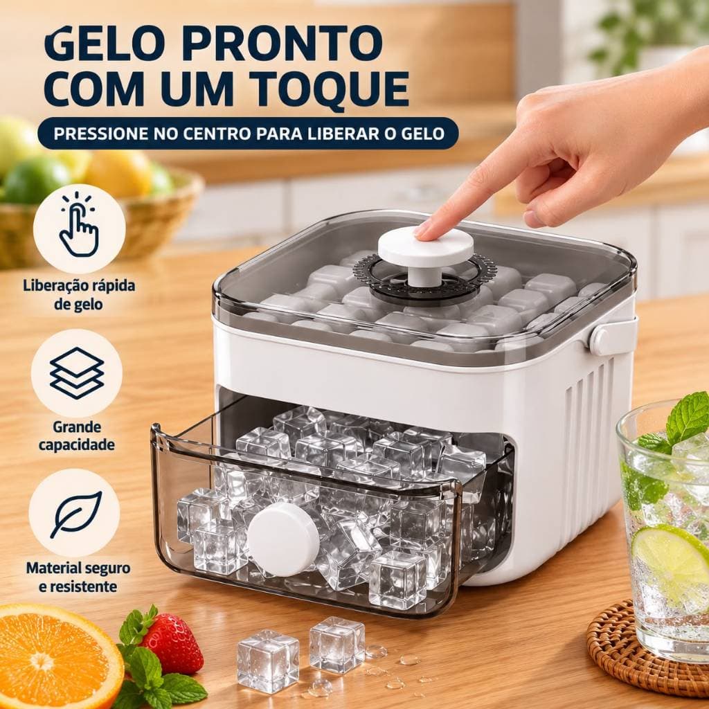 Forma de Gelo Manual com Coletor e Tampa Fácil de Desenformar Grande Capacidade