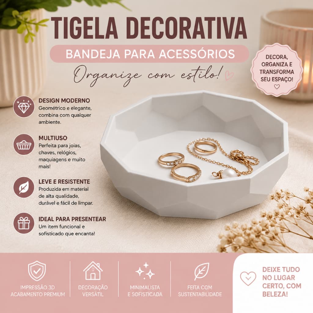 Tigela Decorativa Geométrica – Bandeja Organizadora para Joias e Acessórios