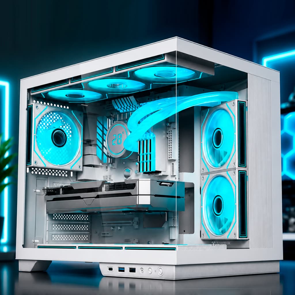 GABINETE AQUARIO FORTREK CLARITY MAX WHITE MODELO ATX SUPORTE A 9 FANS
