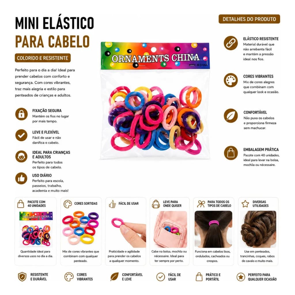 Mini Elástico de Cabelo Colorido para Todos os Tipos de Cabelo Resistente Kit com 160 Mini Elásticos