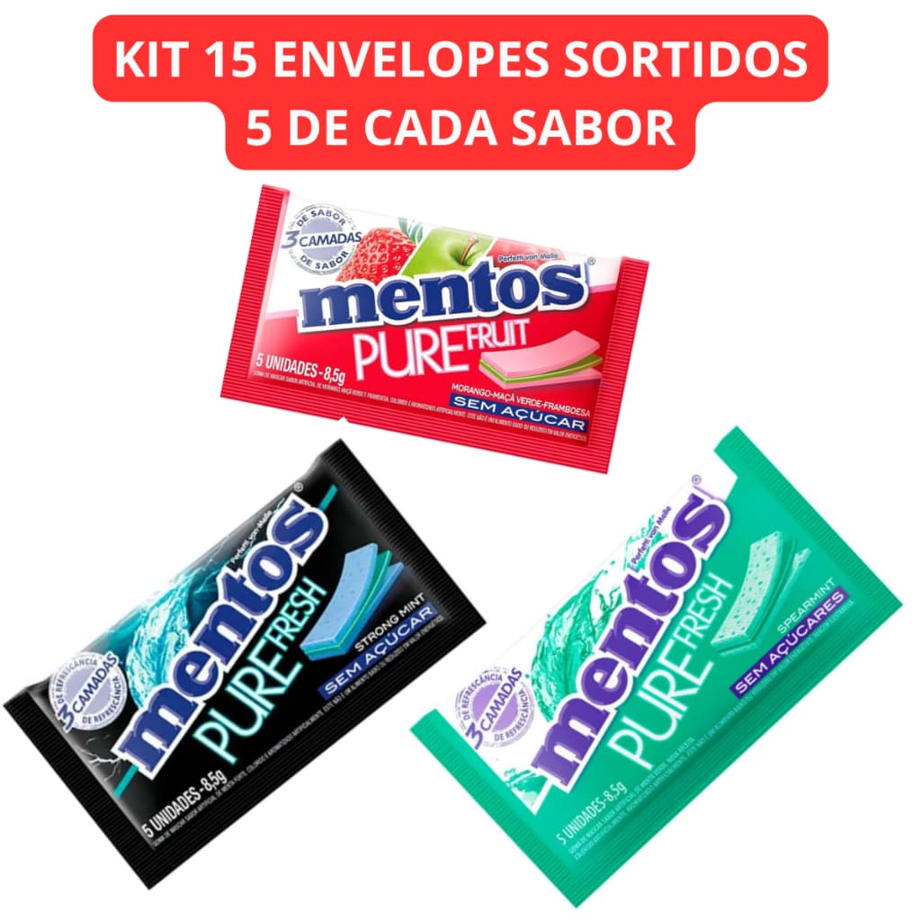 Kit 15 Envelopes Sortidos Chiclete Mentos 3 Camadas - Goma De Mascar Sem Açúcar / 5 De Cada Sabor