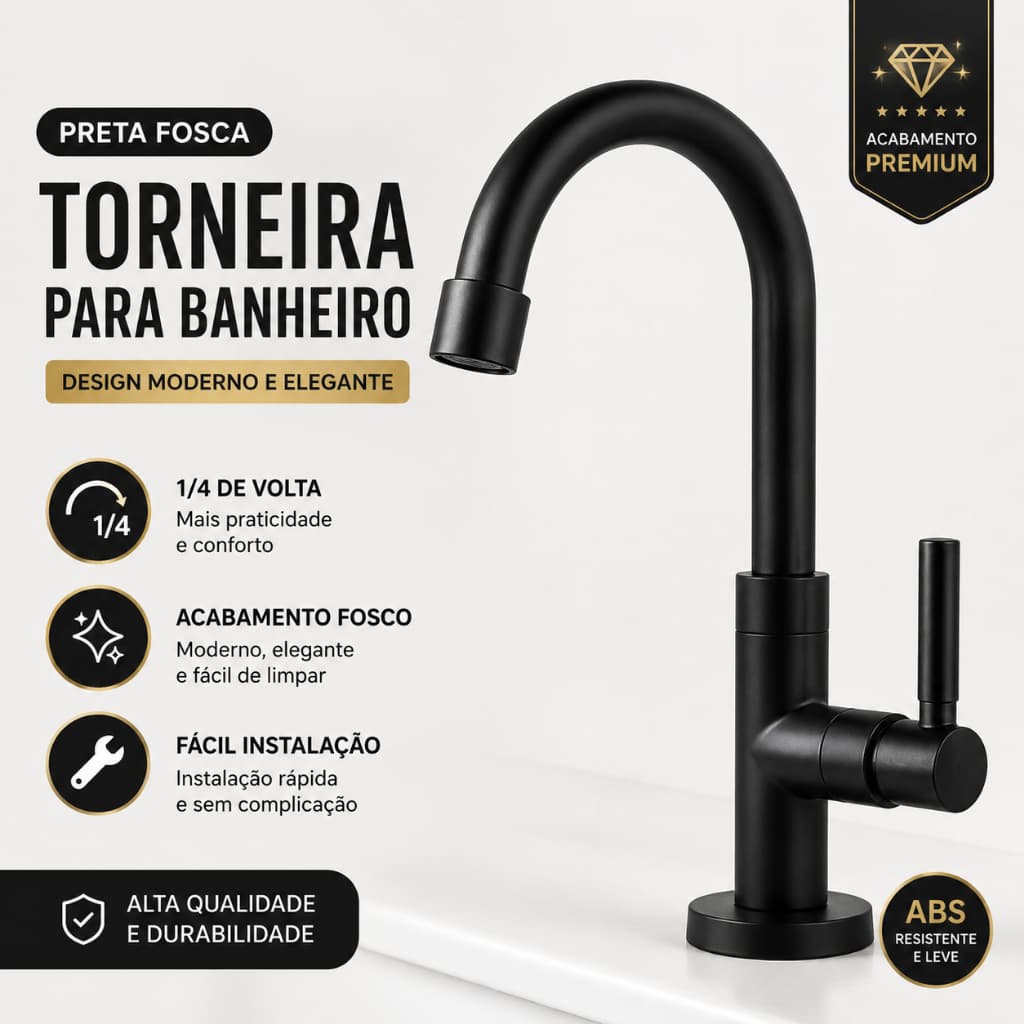 Torneira Banheiro Preta Fosca ABS 1/4 de Volta para Pia Lavatório Lavabo Design Moderno Premium