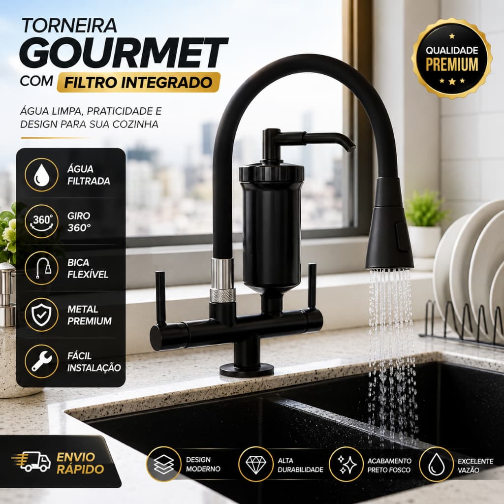 Torneira Gourmet Cozinha com Filtro Flexível Preta Bancada Bica Móvel 360° ABS Metal Pia Mesa Alta Pressão Premium