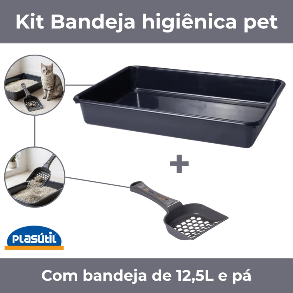 Kit Bandeja para areia Higiênica Gato 12,5L com Pá Plasútil