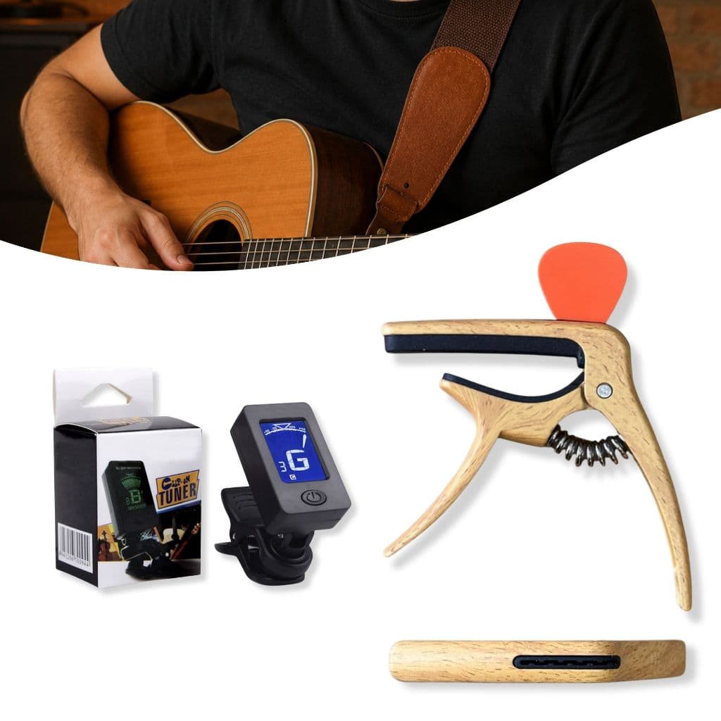 Capotraste De Metal Para Violão Guitarra Baixo Com Porta Palheta + Afinador Digital