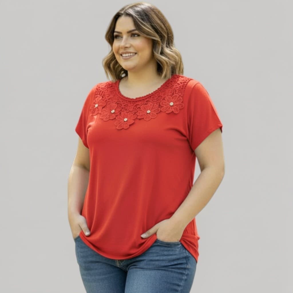 Blusa Feminina Manga Curta  Renda  Pedrinhas Brilhante  Tecido Malha Viscolycra