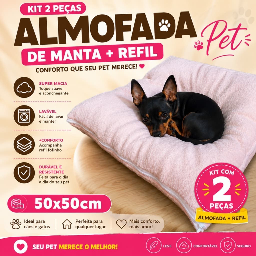KIT 2 PEÇAS CAPA DE ALMOFADA PET DE MANTA + REFIL 50x50cm