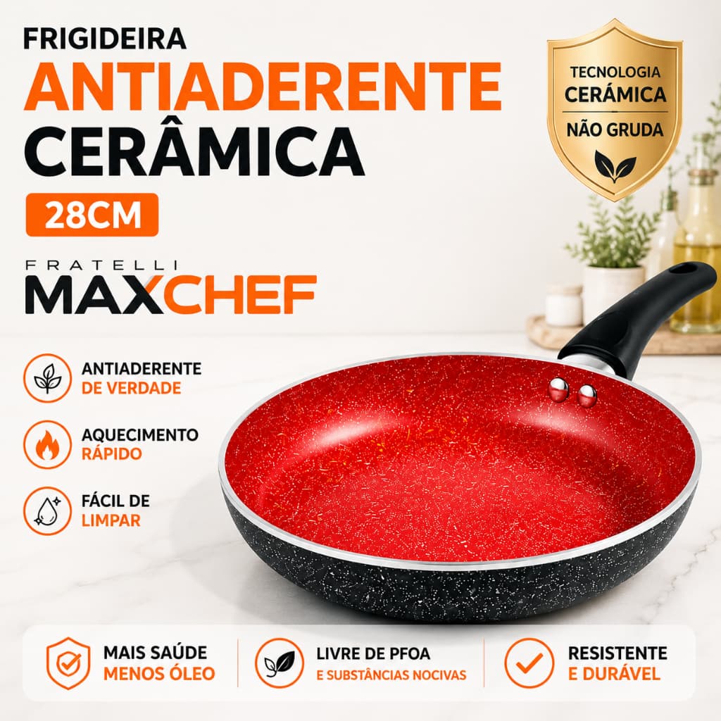 Frigideira Antiaderente 28cm Premium Cerâmica Revestimento Alumínio Não Gruda Funda Fogão