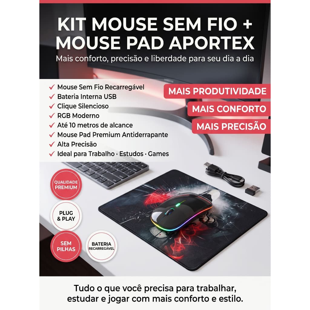 Kit Mouse Sem Fio Recarregável Aportex RGB + Mouse Pad Estampado Premium para PC Notebook Gamer