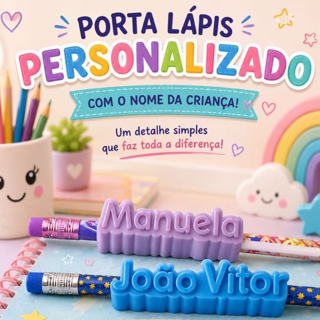 Porta Lápis Personalizado com Nome | Identificador Escolar Infantil | Presente Volta às Aulas